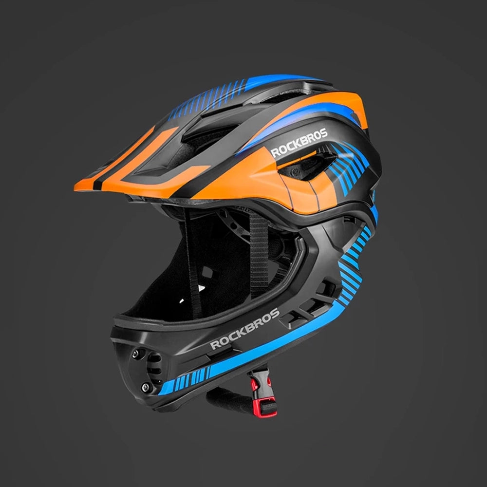 Rockbros TT-32SOBL-M vaikiškasis dviračio šalmas su nuimama bradelio apsauga, dydis M - juoda ir oranžinė -- Bicycle Helmets