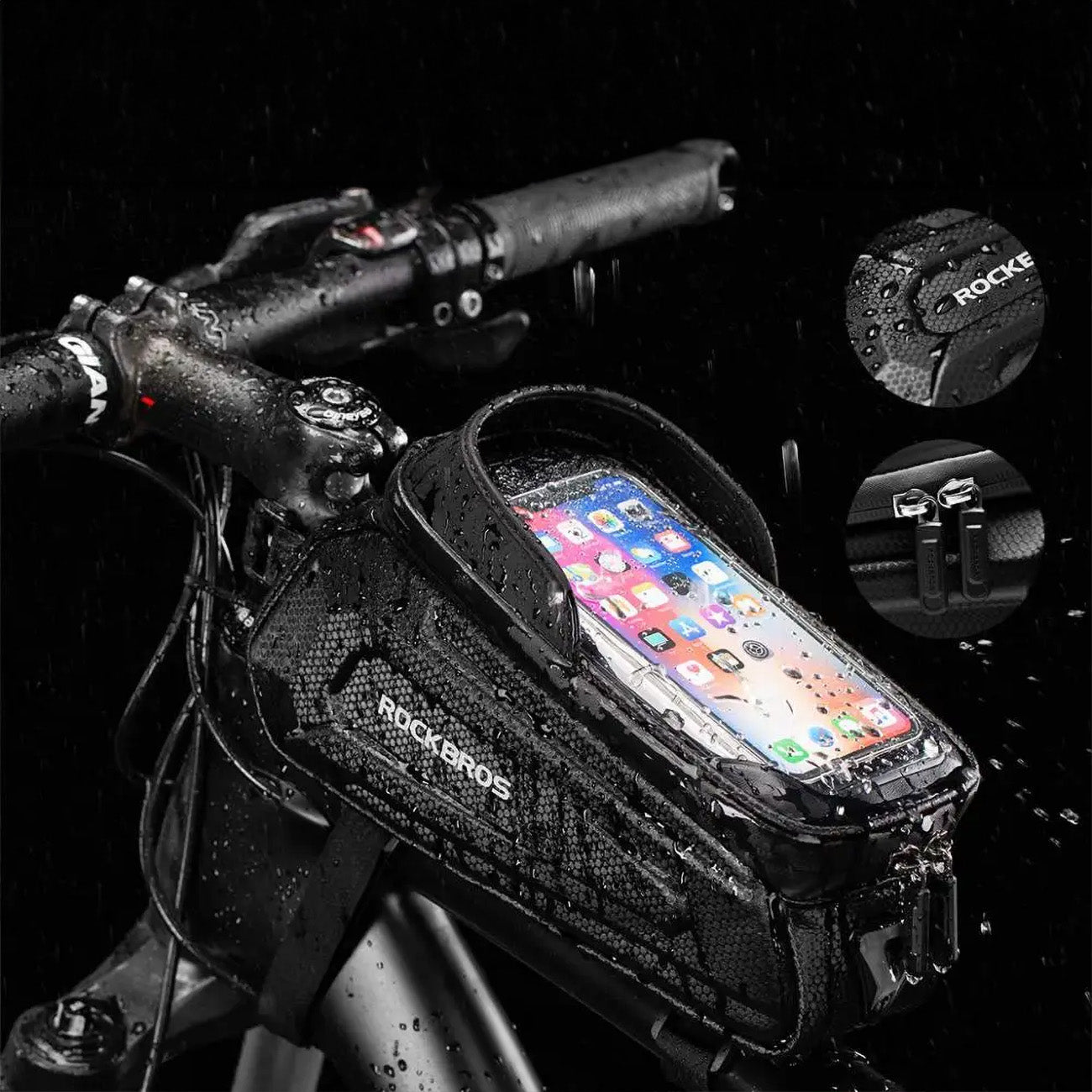 Rockbros B68-1 dviračio krepšys su telefono kišene, 1,7l, juodas -- Bicycle Bags