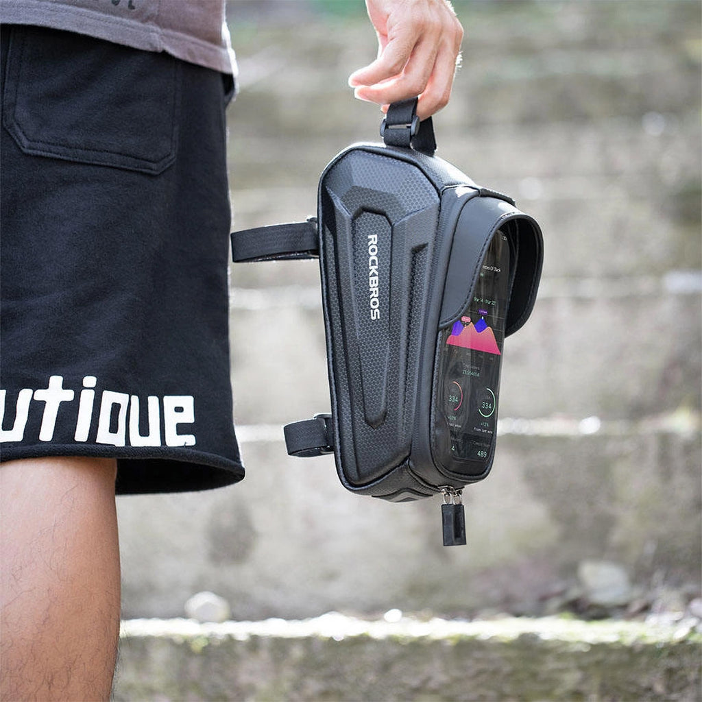 Rockbros B68 dviračio krepšys su telefono kišene ir viršeliu, 1,7l - Juodas -- Bicycle Bags