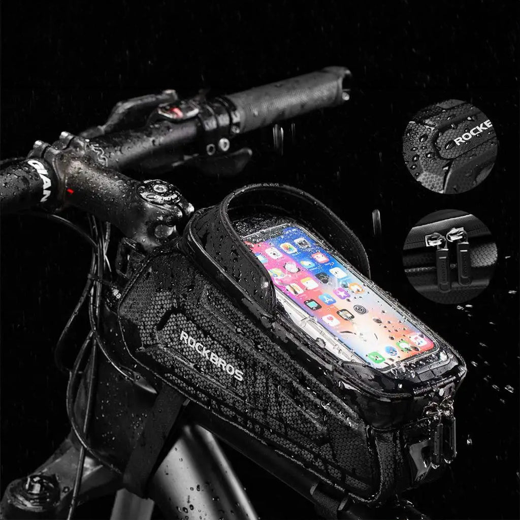 Rockbros B68 dviračio krepšys su telefono kišene ir viršeliu, 1,7l - Juodas -- Bicycle Bags