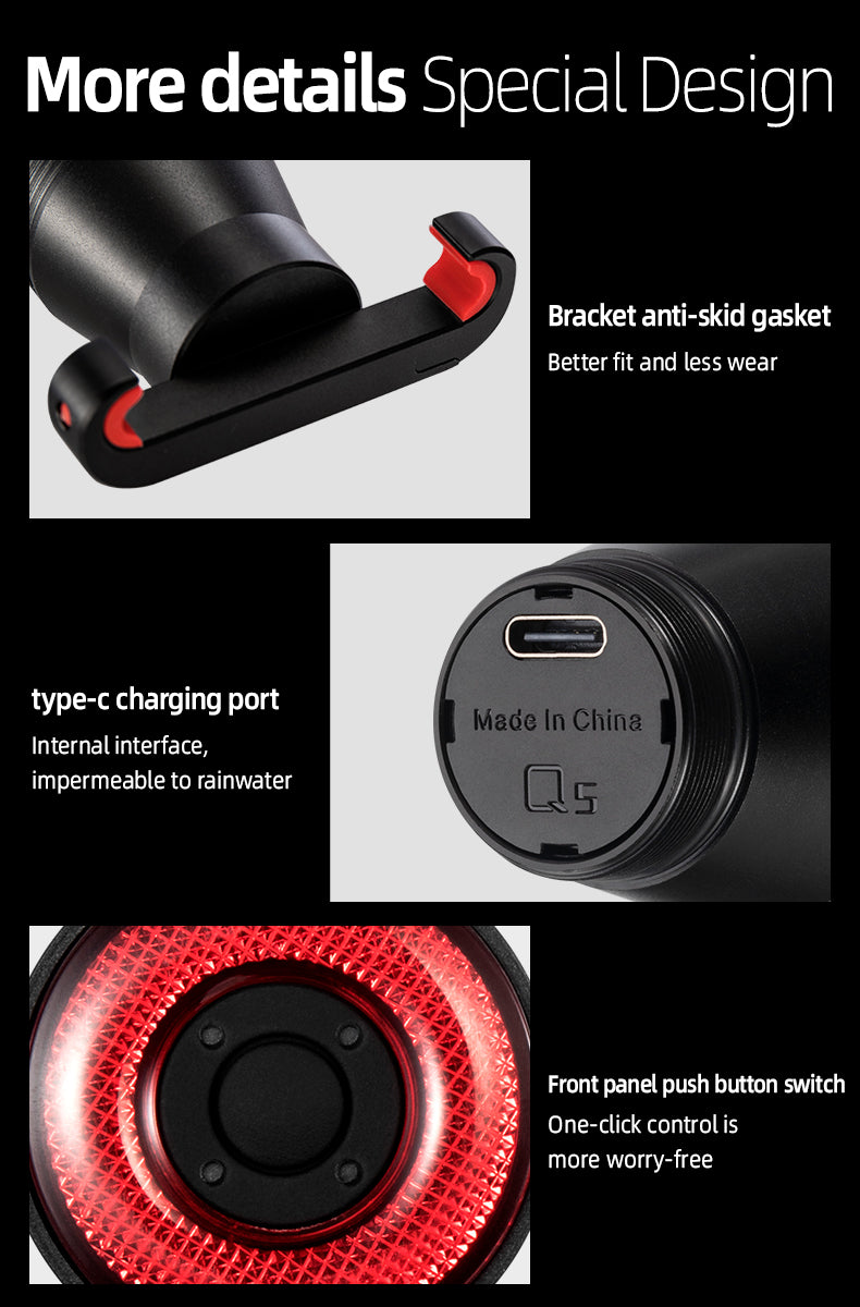 Rockbros Q5 galinė dviračio lempa su intelektualiu stabdymo sistema - juoda -- Bicycle Lights