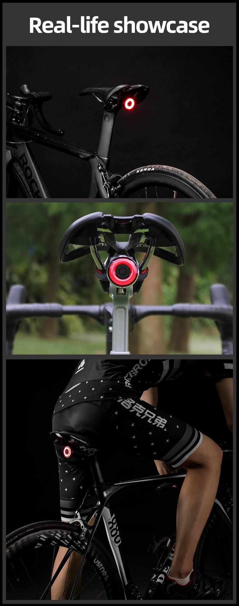 Rockbros Q5 galinė dviračio lempa su intelektualiu stabdymo sistema - juoda -- Bicycle Lights