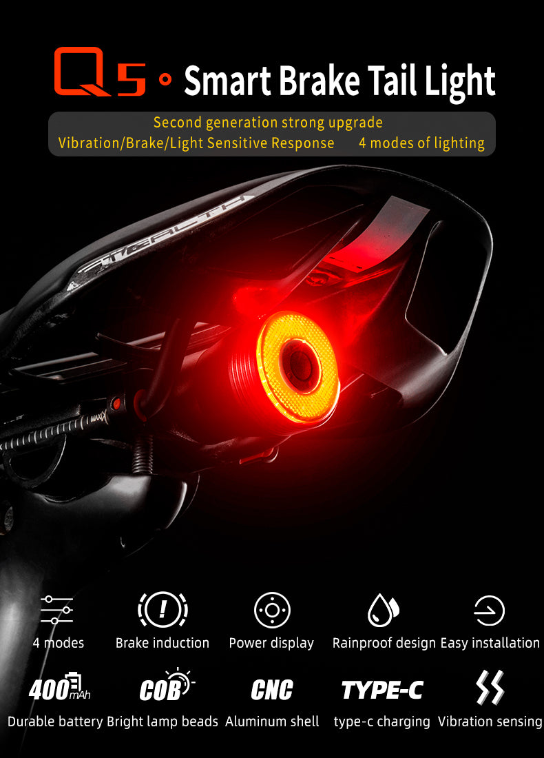 Rockbros Q5 galinė dviračio lempa su intelektualiu stabdymo sistema - juoda -- Bicycle Lights