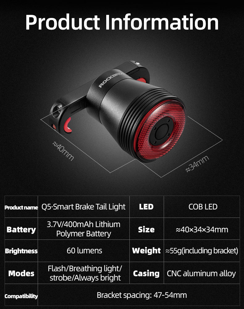 Rockbros Q5 galinė dviračio lempa su intelektualiu stabdymo sistema - juoda -- Bicycle Lights