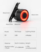 Rockbros Q3 galinė dviračio lempa su Protinga Sustojimo Sistema - juoda -- Bicycle Lights