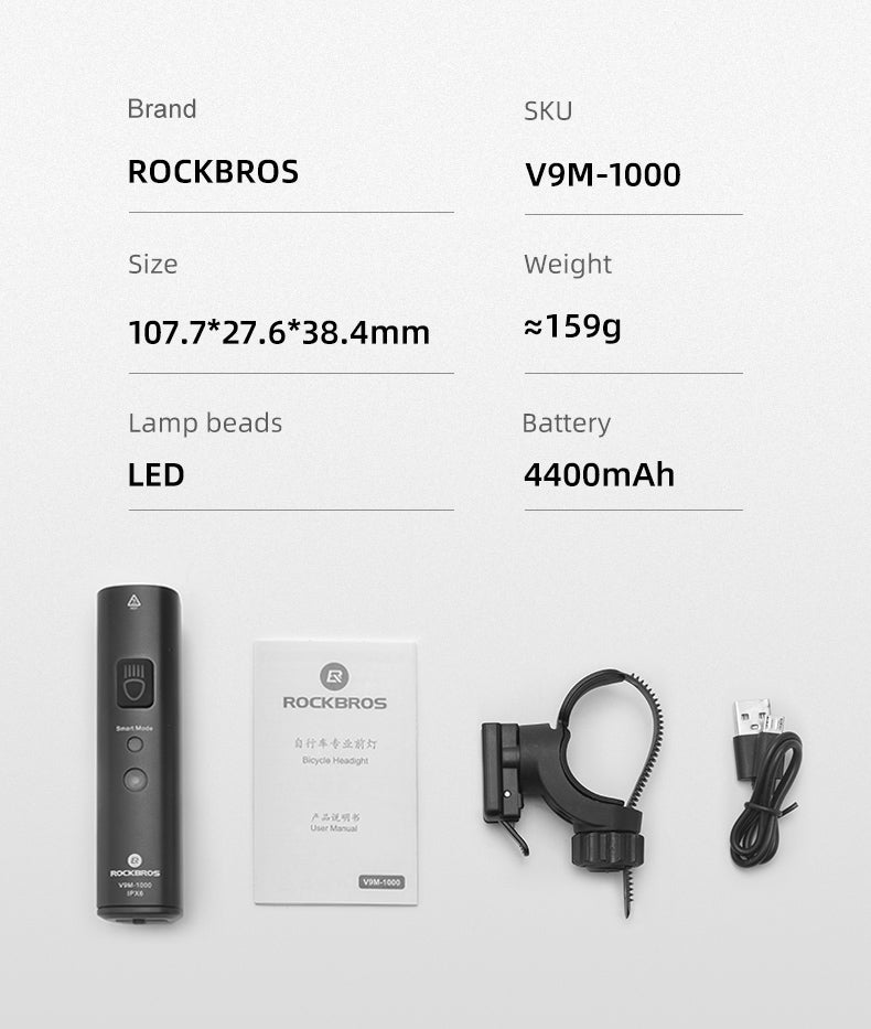 Rockbros V9M-1000 priekinė dviračio lempa 1000lm - juoda -- Bicycle Lights