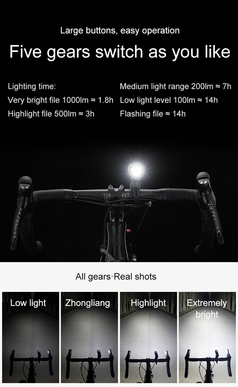 Rockbros V9M-1000 priekinė dviračio lempa 1000lm - juoda -- Bicycle Lights