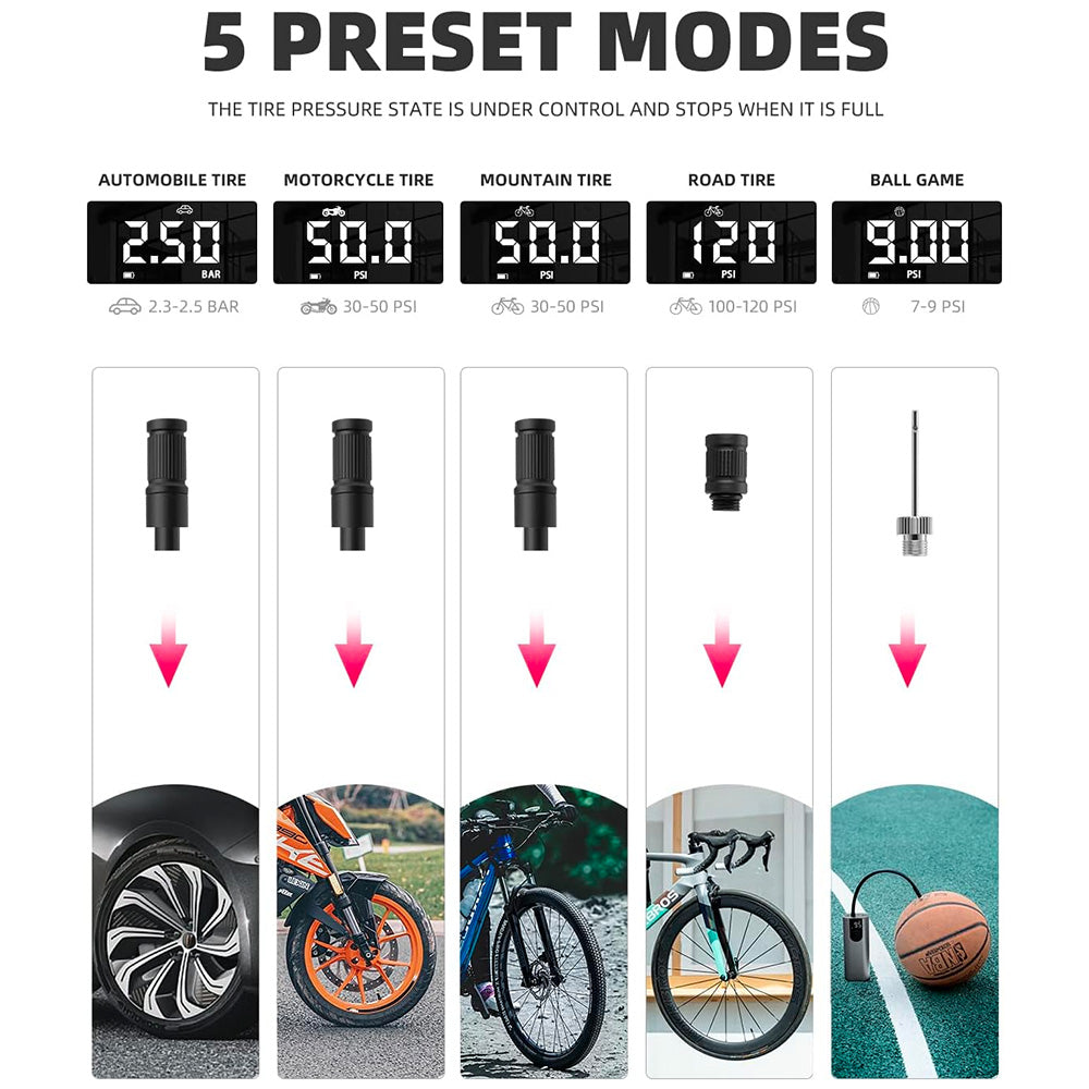 Rockbros 42720001001 Elektrinis dviračio pompa su LED ekranu + USB-C - USB-A kabelis - Juodas -- Bicycle Pumps