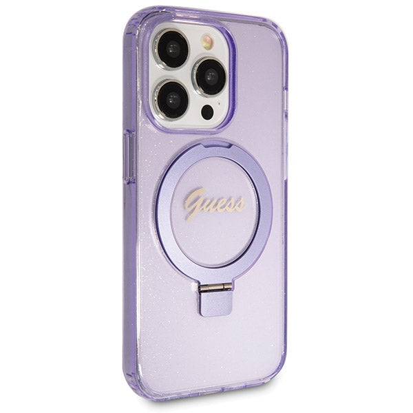 Guess MagSafe dėklas su žiedu-stovu iPhone 13 Pro Max – violetinis