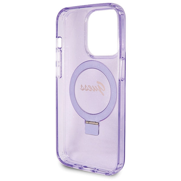 Guess MagSafe dėklas su žiedu-stovu iPhone 13 Pro Max – violetinis