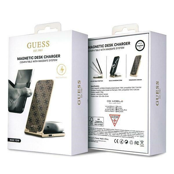 Guess 4G Pattern MagSafe sulankstomas 2in1 15W indukcinis įkroviklis - rudas