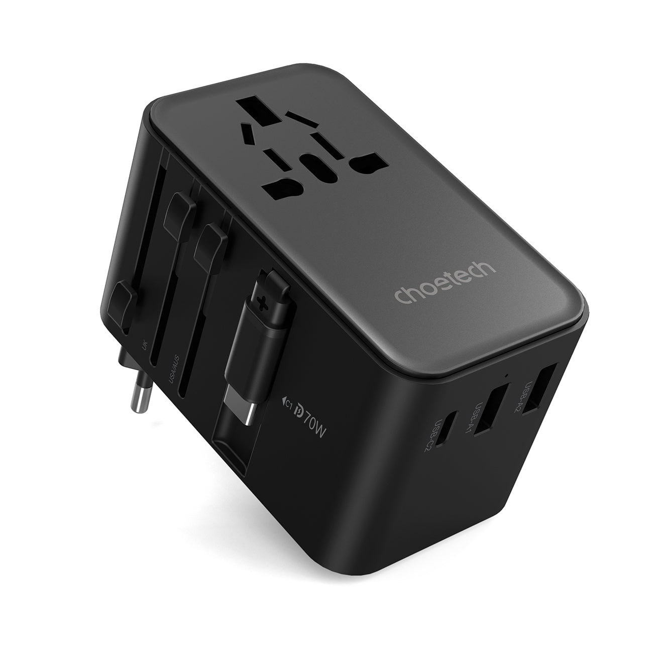 Choetech Kelioninis adapteris PD5022 70W EU/US/AUS/UK su integruotu USB-C laidu - juodas Pirmasis paveikslėlis