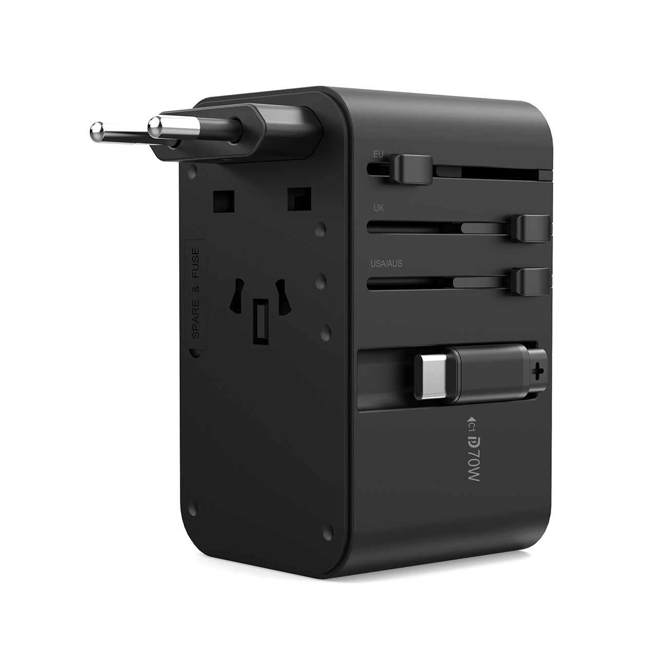 Choetech Kelioninis adapteris PD5022 70W EU/US/AUS/UK su integruotu USB-C laidu - juodas Antrasis paveikslėlis