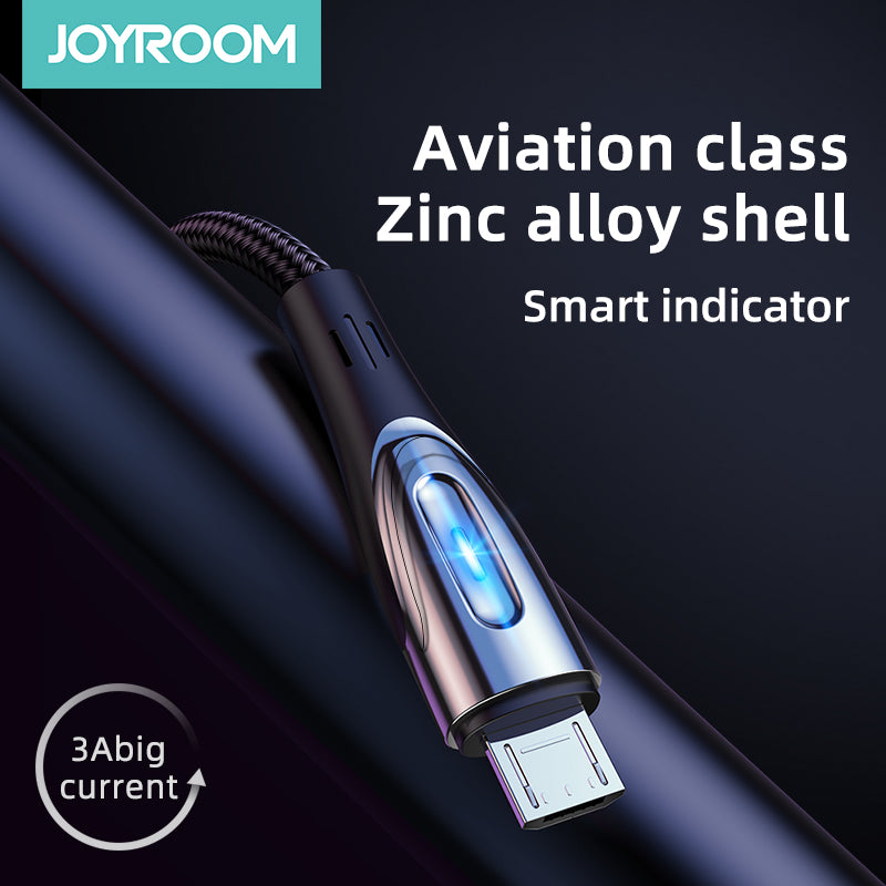 Joyroom laidas Sharp Series S-M411 USB-A / micro USB 3A 1.2 m su įkrovimo indikatoriumi juodas
