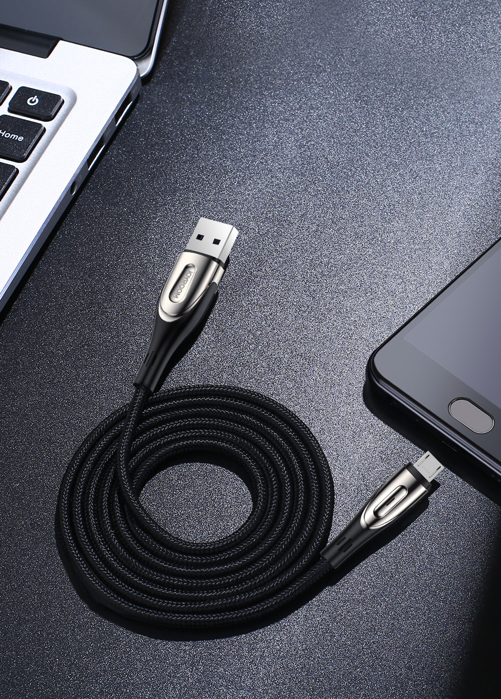 Joyroom laidas Sharp Series S-M411 USB-A / micro USB 3A 1.2 m su įkrovimo indikatoriumi juodas