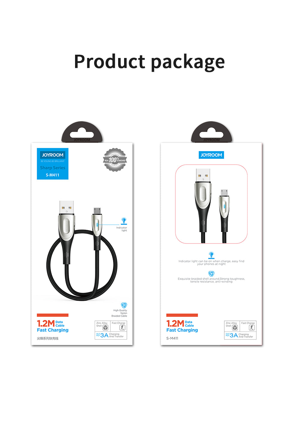 Joyroom Sharp Series S-M411 USB-A / micro USB 3A 2m laidas su įkrovimo indikatoriumi - juodas