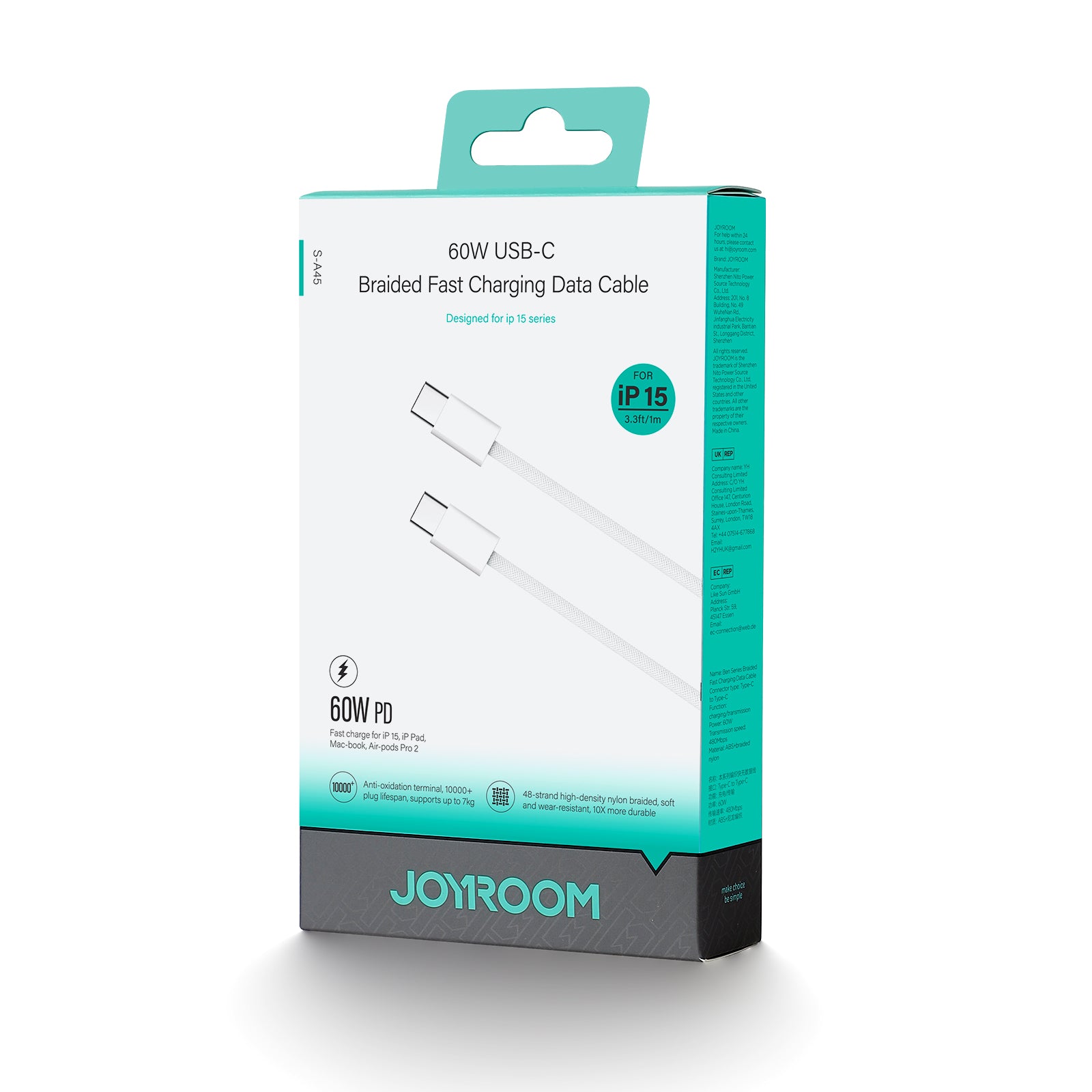 Joyroom Ben Series S-A45 USB-C / USB-C 60W laidas 1 m - baltas