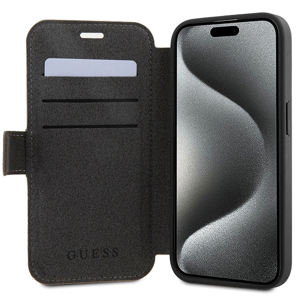 Guess 4G Metal Logo dėklas iPhone 15 Pro – rudas