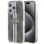 Guess dėklas iPhone 15 Pro – rudas, 4G Gold Stripe
