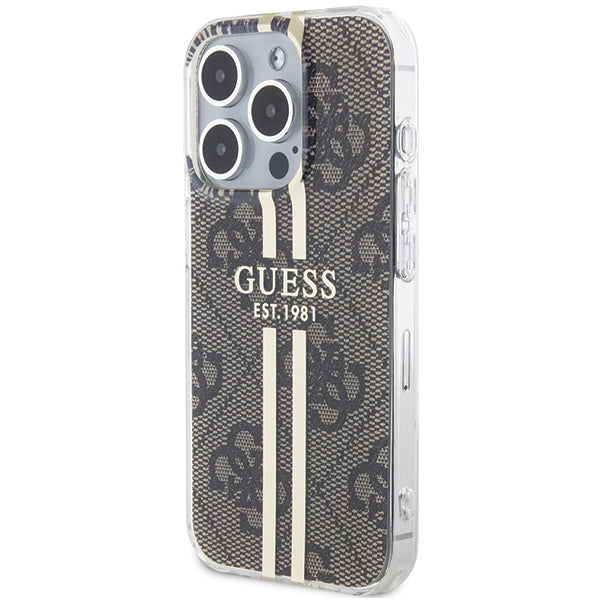 Guess dėklas iPhone 15 Pro – rudas, 4G Gold Stripe
