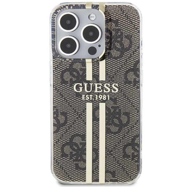 Guess dėklas iPhone 15 Pro – rudas, 4G Gold Stripe