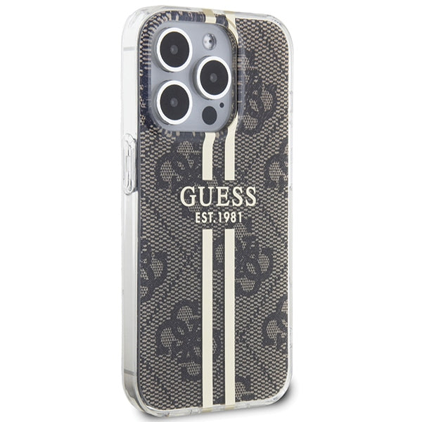 Guess dėklas iPhone 15 Pro – rudas, 4G Gold Stripe