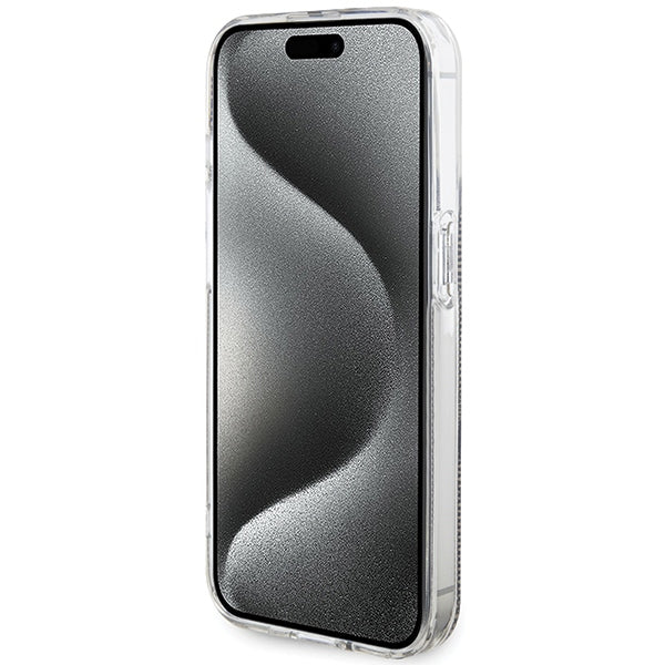 Guess dėklas iPhone 15 Pro – rudas, 4G Gold Stripe
