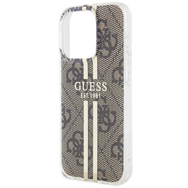 Guess dėklas iPhone 15 Pro – rudas, 4G Gold Stripe