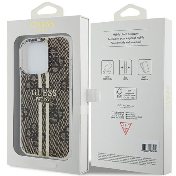Guess dėklas iPhone 15 Pro – rudas, 4G Gold Stripe