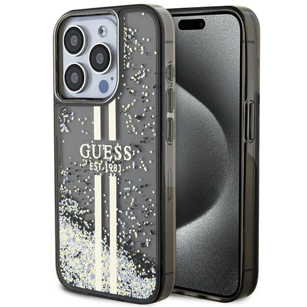 Guess dėklas iPhone 15 Pro – juodas, Liquid Glitter