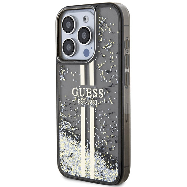 Guess dėklas iPhone 15 Pro – juodas, Liquid Glitter