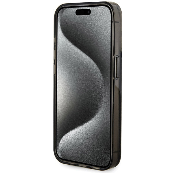 Guess dėklas iPhone 15 Pro – juodas, Liquid Glitter