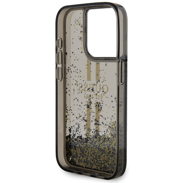 Guess dėklas iPhone 15 Pro – juodas, Liquid Glitter