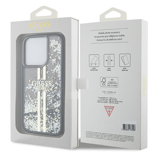 Guess dėklas iPhone 15 Pro – juodas, Liquid Glitter