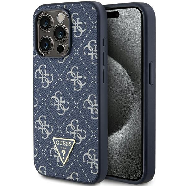 Guess 4G Triangle Metal Logo dėklas iPhone 15 Pro – mėlynas