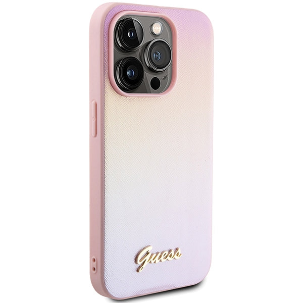 Guess Saffiano Iridescent dėklas iPhone 15 Pro – rožinis -- iPhone 15 Pro