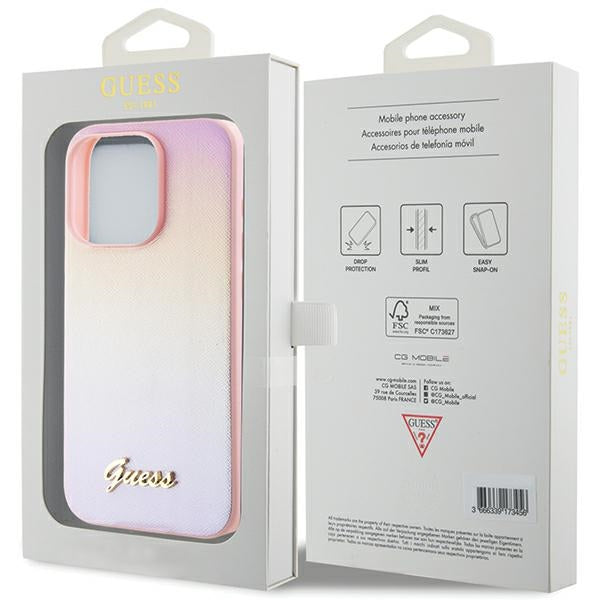 Guess Saffiano Iridescent dėklas iPhone 15 Pro – rožinis -- iPhone 15 Pro