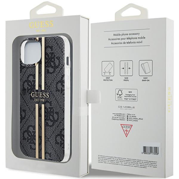 Guess IML 4G Gold Stripe dėklas iPhone 15/14 Plus – juodas