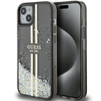 Guess Liquid Glitter Gold Stripes dėklas iPhone 15 Plus / 14 Plus – juodas