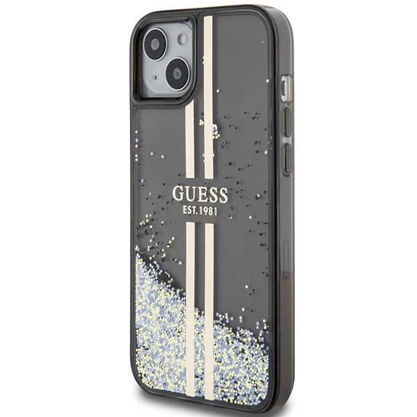 Guess Liquid Glitter Gold Stripes dėklas iPhone 15 Plus / 14 Plus – juodas