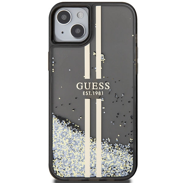 Guess Liquid Glitter Gold Stripes dėklas iPhone 15 Plus / 14 Plus – juodas