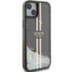 Guess Liquid Glitter Gold Stripes dėklas iPhone 15 Plus / 14 Plus – juodas