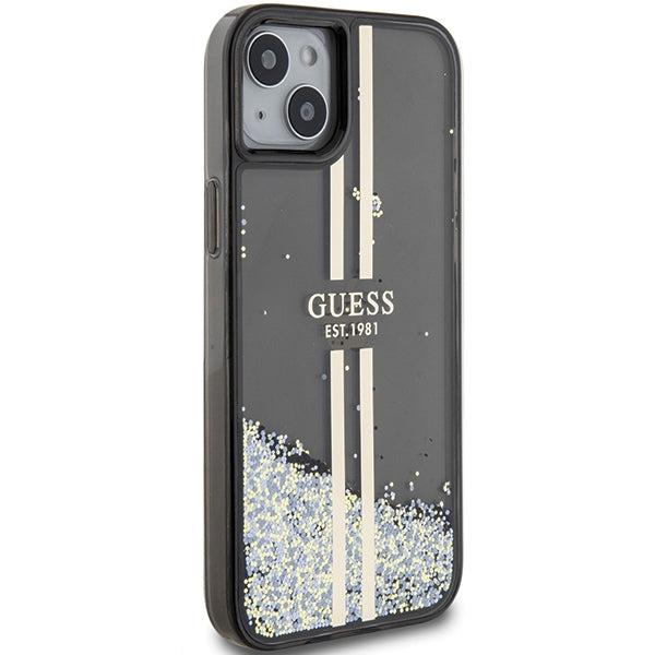 Guess Liquid Glitter Gold Stripes dėklas iPhone 15 Plus / 14 Plus – juodas