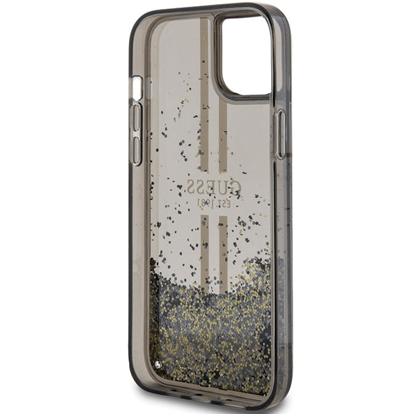 Guess Liquid Glitter Gold Stripes dėklas iPhone 15 Plus / 14 Plus – juodas