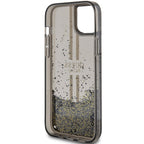 Guess Liquid Glitter Gold Stripes dėklas iPhone 15 Plus / 14 Plus – juodas