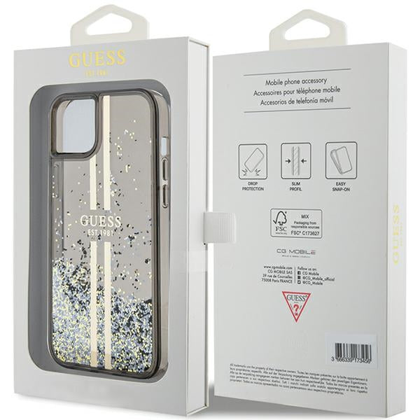 Guess Liquid Glitter Gold Stripes dėklas iPhone 15 Plus / 14 Plus – juodas