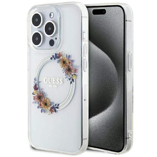 Guess MagSafe dėklas iPhone 15 Pro – skaidrus, gėlių