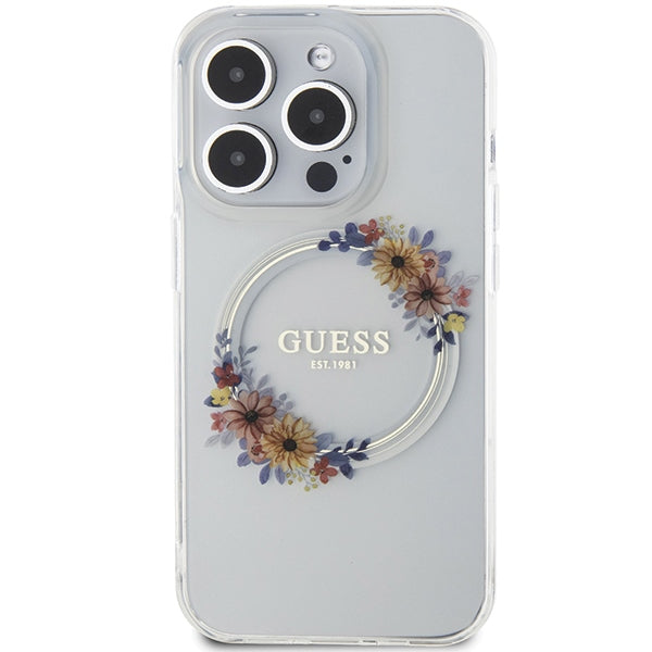 Guess MagSafe dėklas iPhone 15 Pro – skaidrus, gėlių