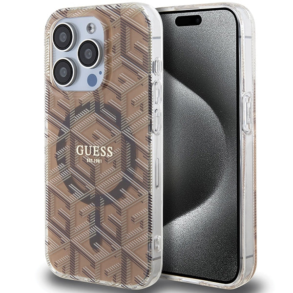 Guess MagSafe dėklas iPhone 15 Pro – rudas