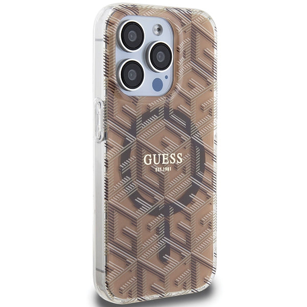 Guess MagSafe dėklas iPhone 15 Pro – rudas